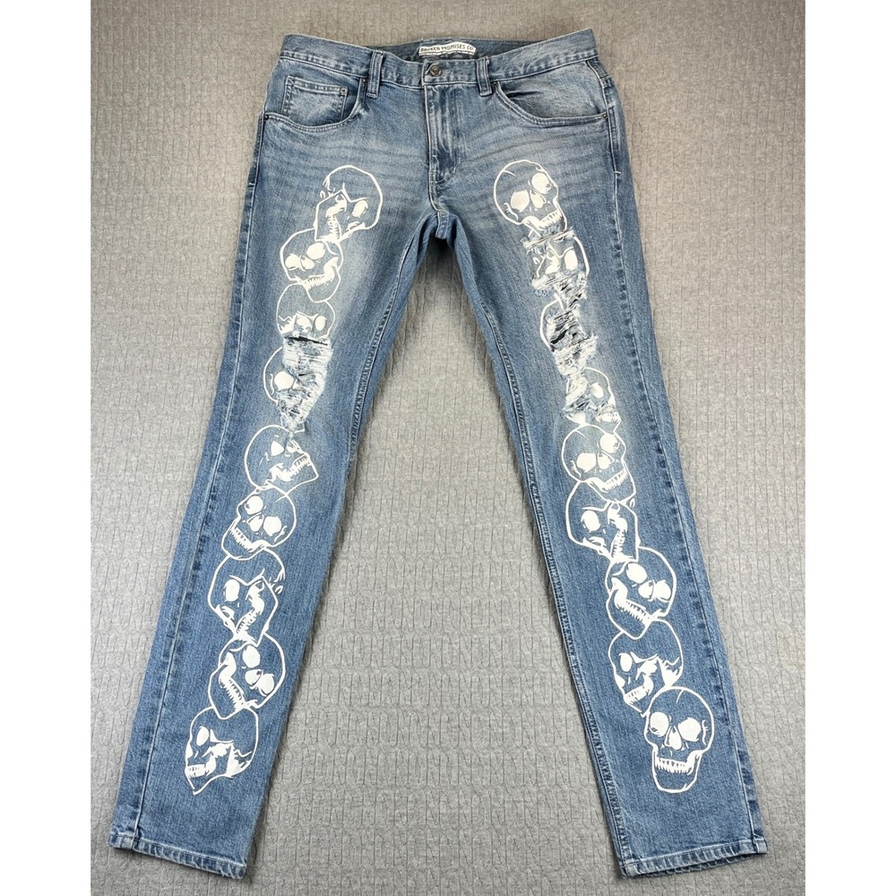 Broken Promises Skull Jeans men 34/33X33 Straight Leg Distressed punk rock/roll
